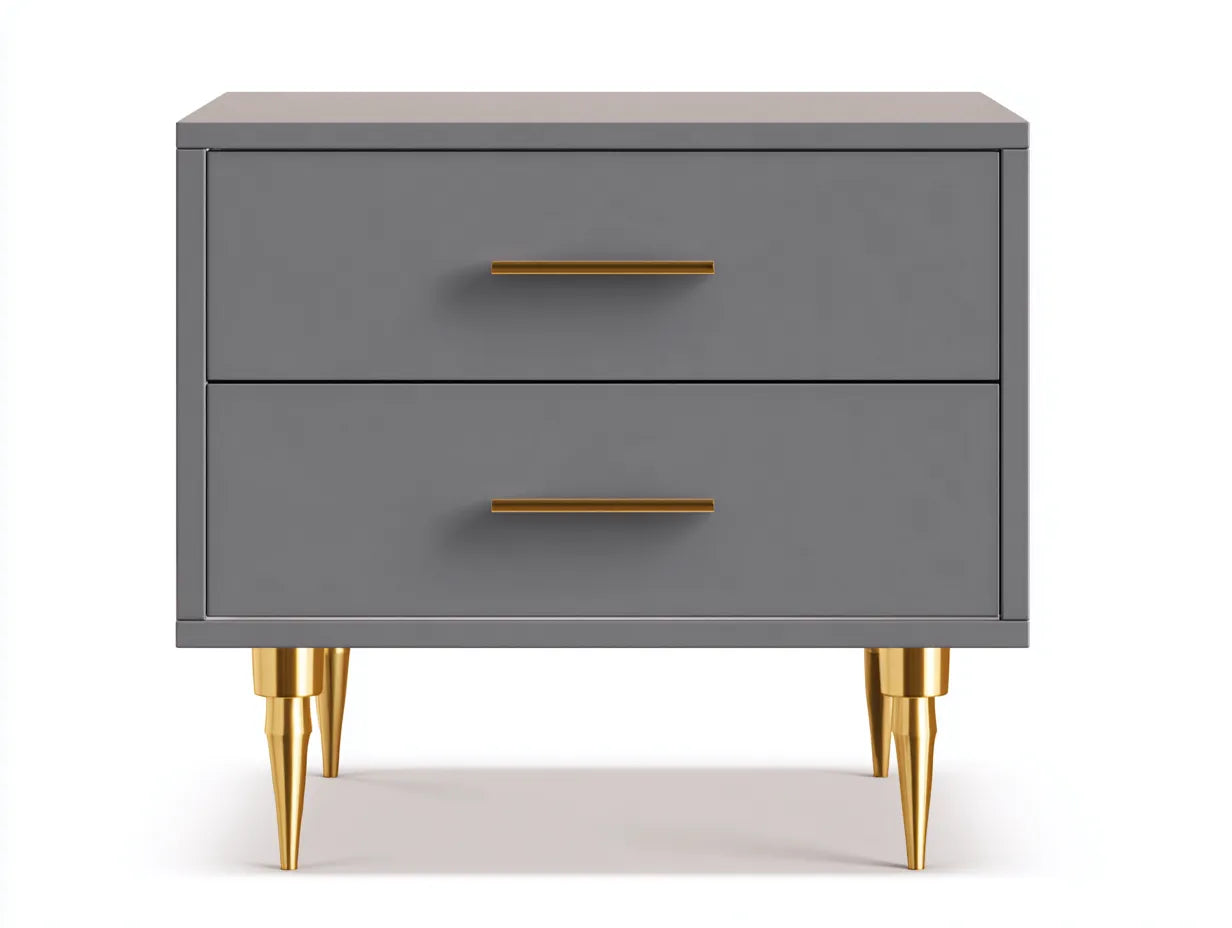 Comodino compatto in legno con 2 cassetti 54x40x55 cm - grigio nebbia e oro - per camera da letto - stile moderno essenziale