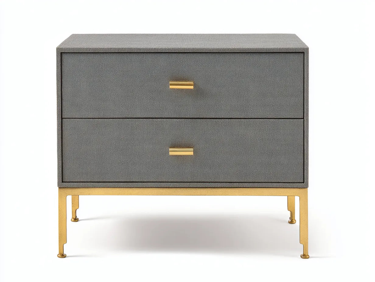 Comodino rivestito effetto tessuto con 2 cassetti 55x40x56 cm - grigio tortora e oro - per camera da letto - stile sofisticato moderno