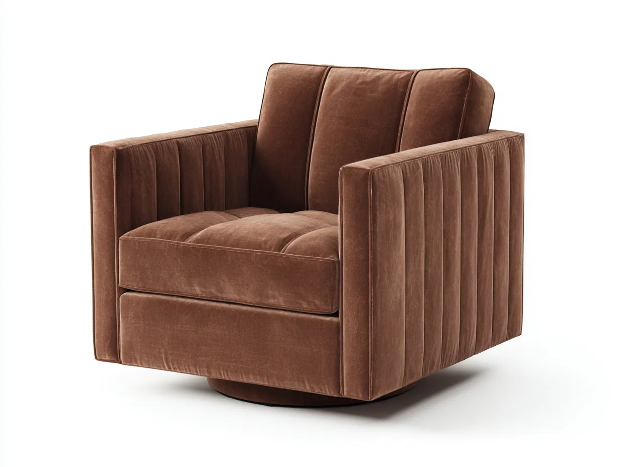 Poltrona girevole in velluto trapuntato 96x88x84 cm - marrone tabacco - braccioli squadrati e base rotante
