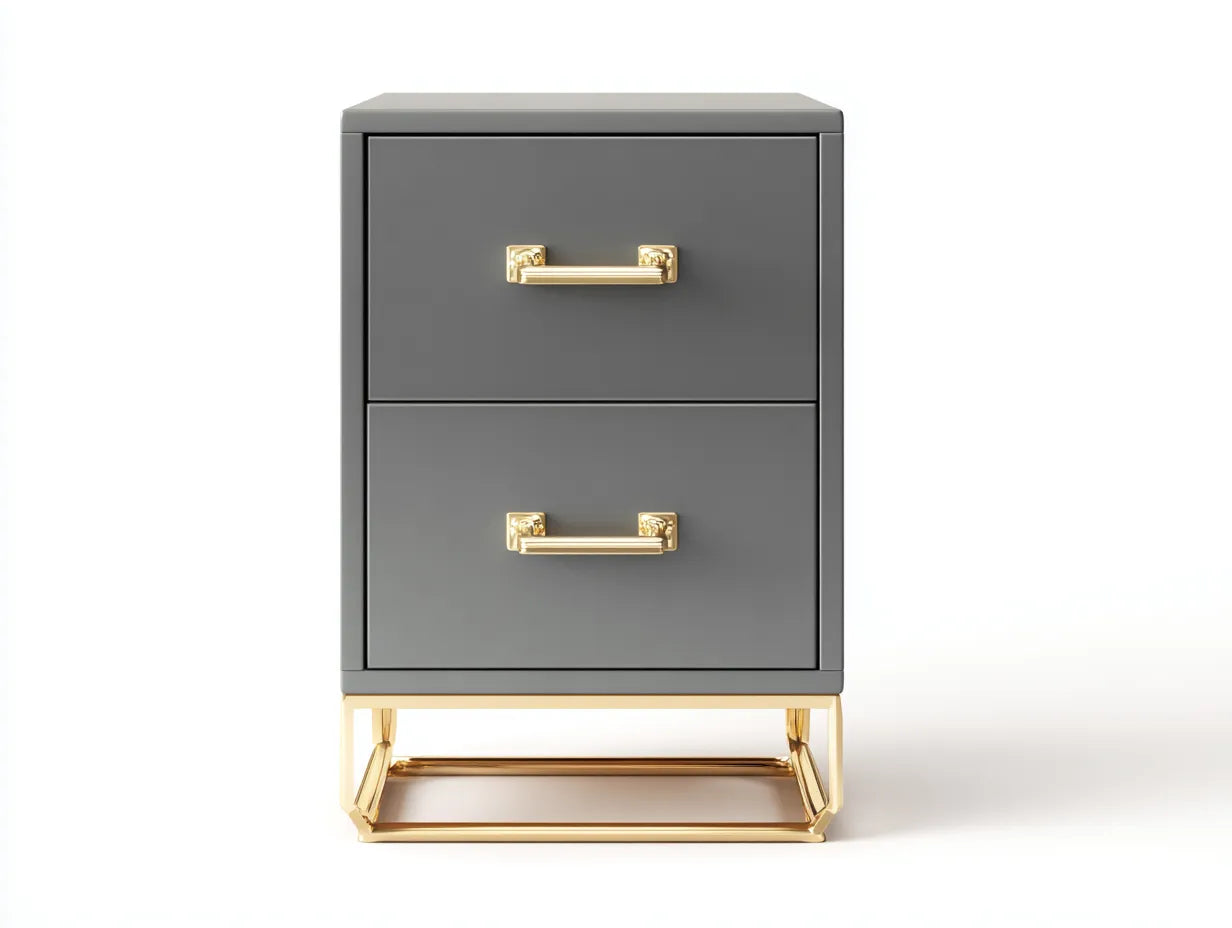 Comodino verticale con 2 cassetti in legno 46x40x62 cm - grigio grafite e oro - per camera da letto - stile moderno ricercato