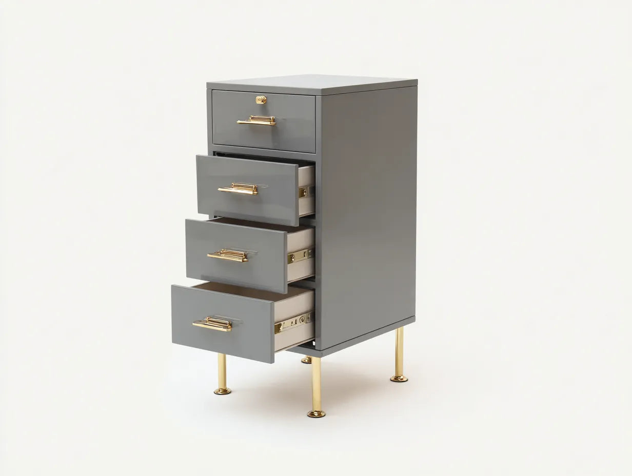 Comodino alto con 4 cassetti in legno 45x40x78 cm - grigio perla e oro - per camera da letto - stile moderno slanciato