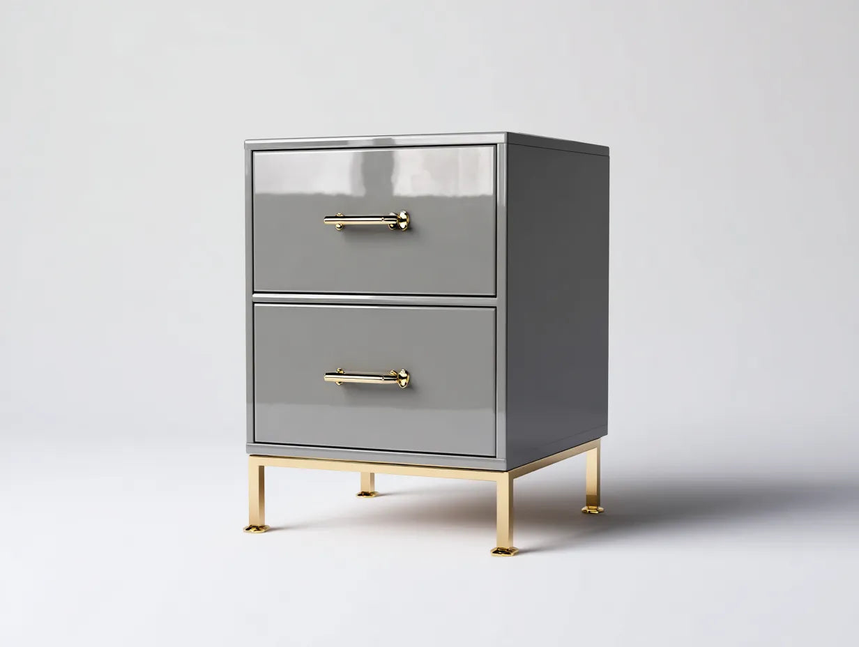 Comodino lucido con 2 cassetti in legno 48x40x60 cm - grigio perla e oro - per camera da letto - design moderno chic